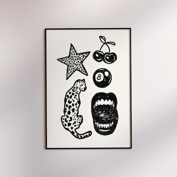 Leopard Cherry Retro Wall Art 8 Ball Print Funky Bar Cart Decor Gallery Y2k Room Trendy