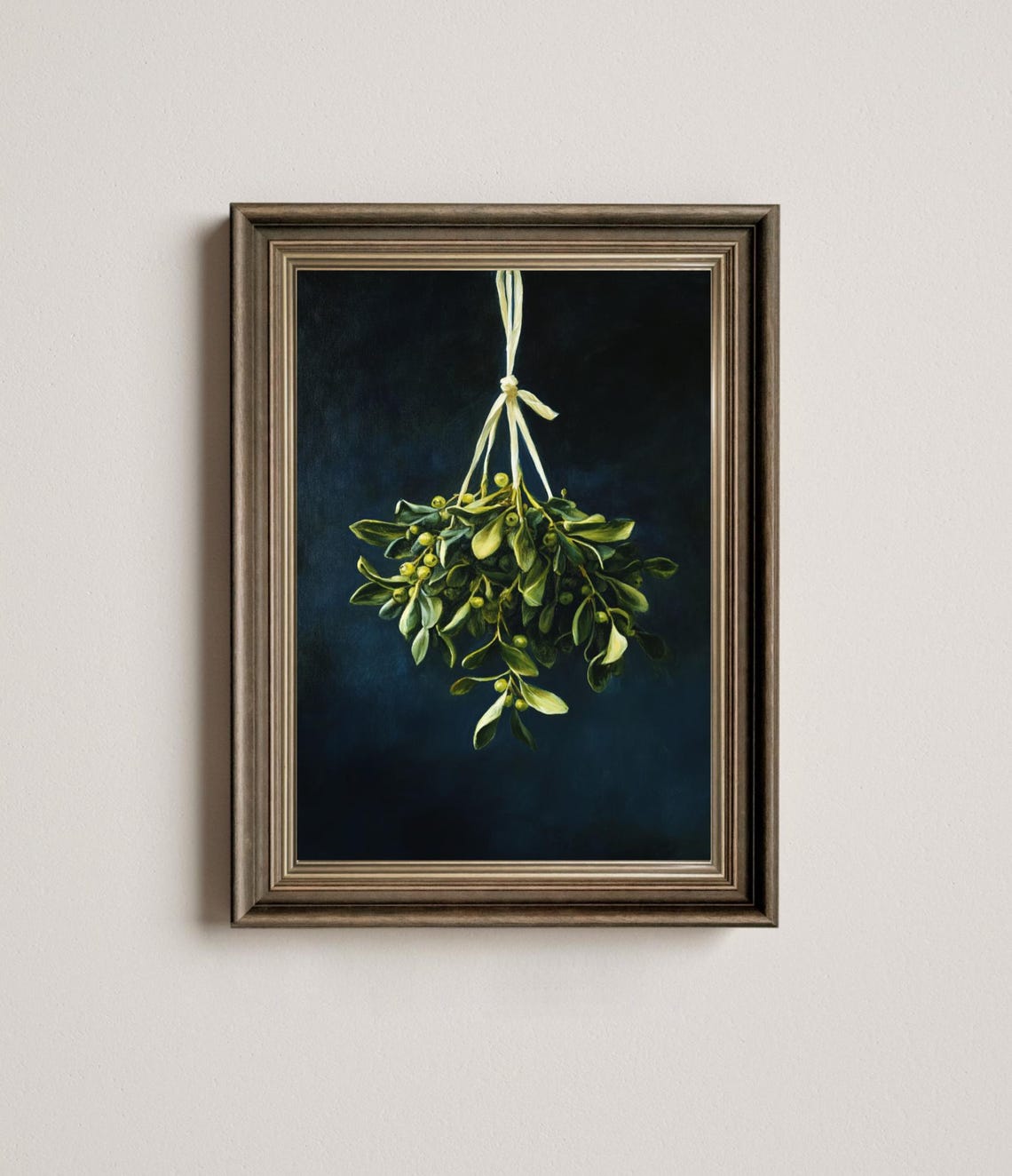 Mistletoe Hanging Cream Ribbon Dark Botanical Christmas Art Print - Image 4