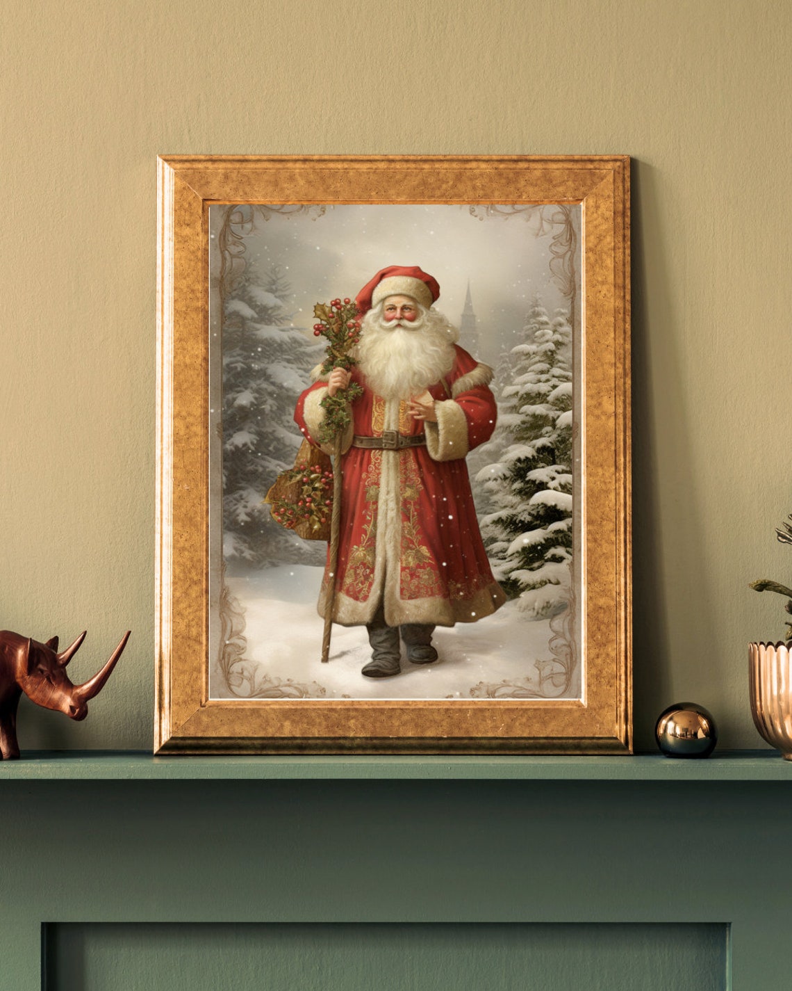 St Nicholas In Red Robe Snowy Woods Vintage Nostalgic Christmas Poster - Image 4