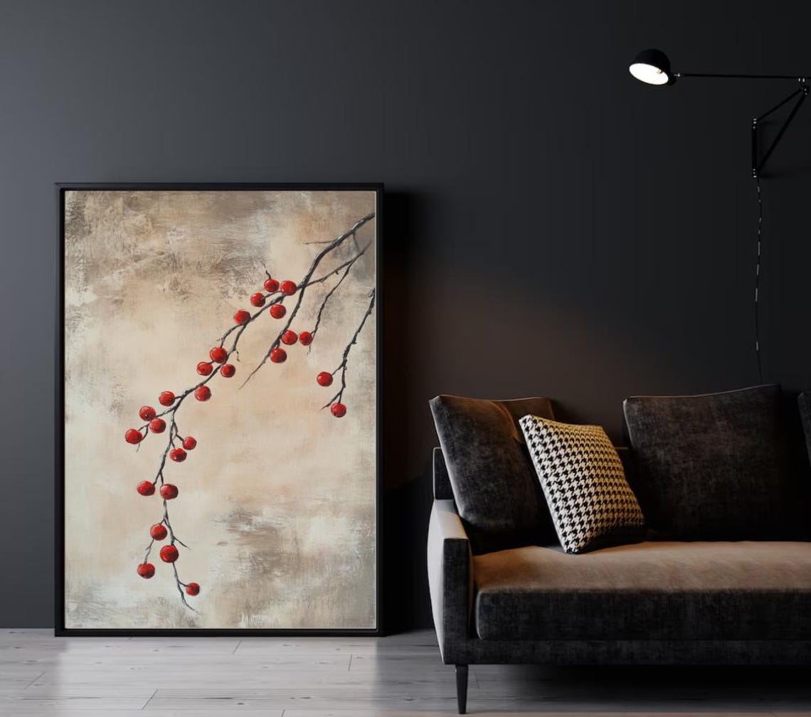 Red Winter Berry Branch On Beige Textured Vintage Style Art Print - Image 2