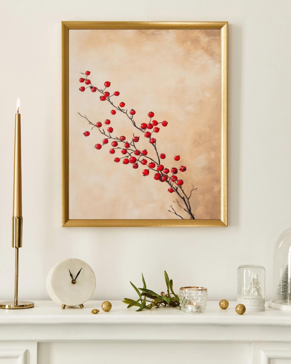 Red Winter Berry Branch Botanical Study Beige Background Art Print - Image 4