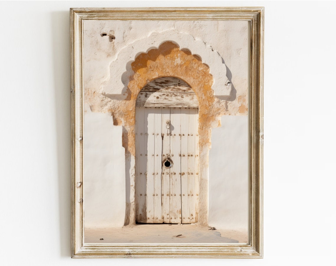 White Moroccan Door Ochre Stucco Arch Minimalist Travel Art Print