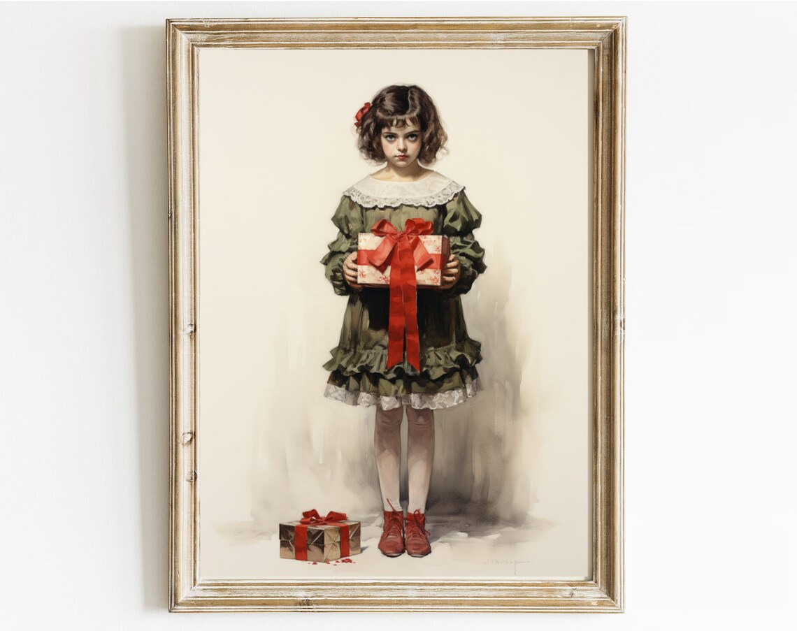 Vintage Christmas Wall Art Little Girl With Presents Vintage Print Vintage Christmas Print Holiday Art Print Wall Art A1