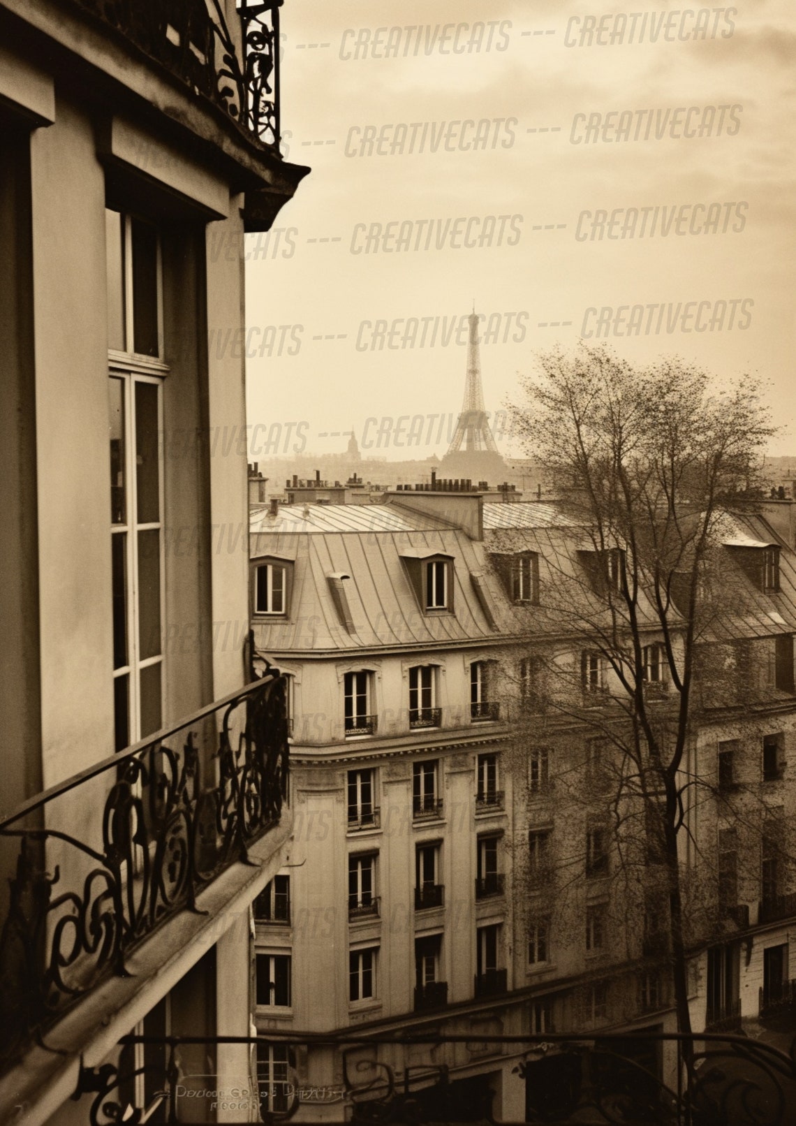 Parisian Balcony View Eiffel Tower Sepia Vintage Photography Poster - Image 4