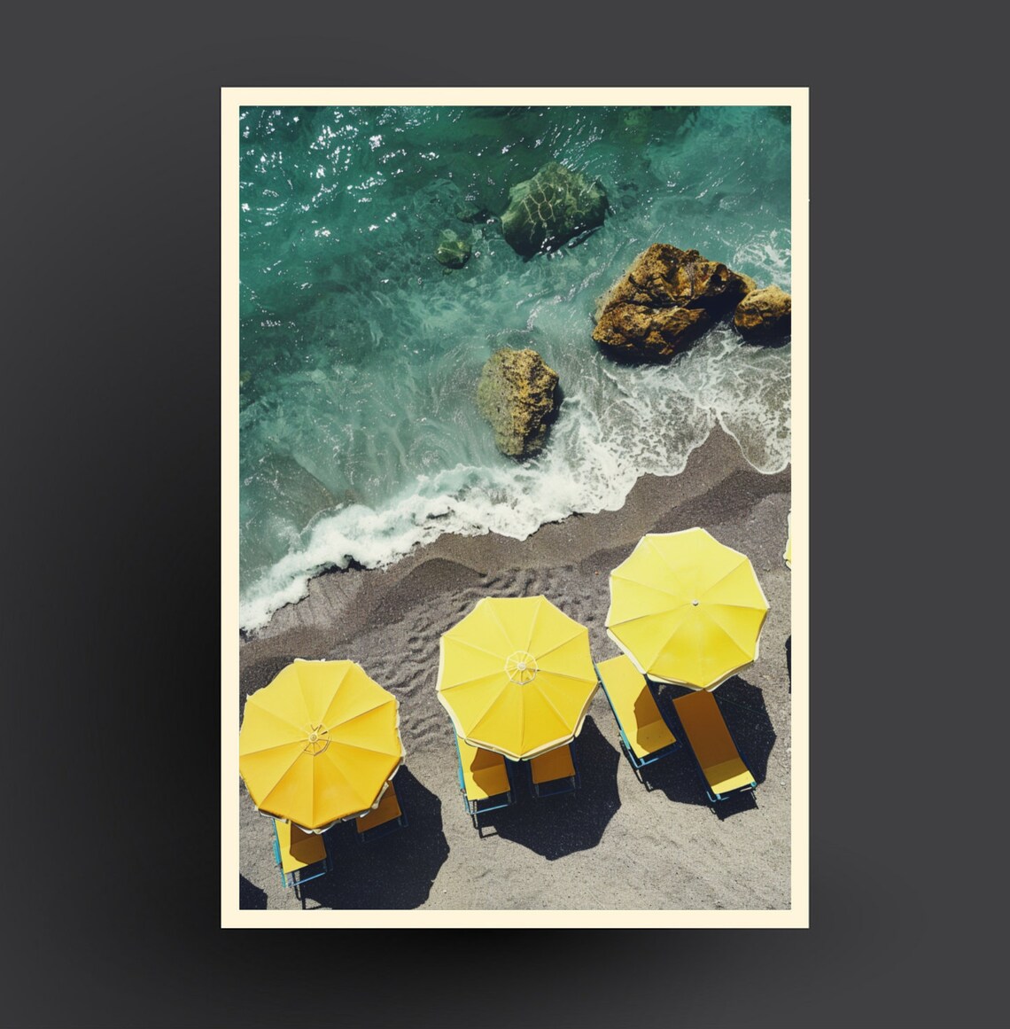 Yellow Umbrellas Rocky Coast Aerial Beach Photography Poster - Image 2