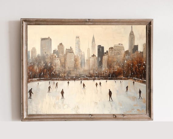 New York Ice Skating Print Rustic Winter Skating Rink Vintage Moody Winter Painting Vintage Wall Art Home Decor