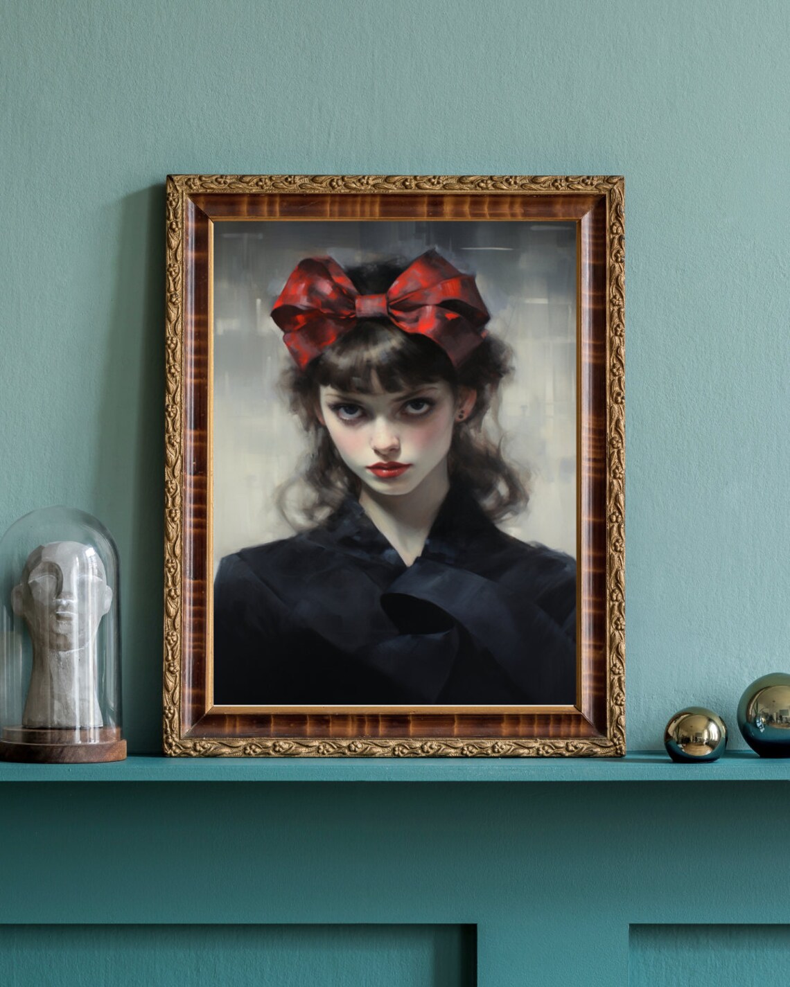 Moody Girl Portrait Red Bow Dark Painterly Oil Painting Art Print - Image 4