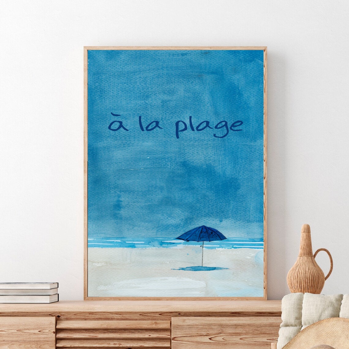 A La Plage Blue Watercolor Beach Art Minimalist Umbrella Poster - Image 4