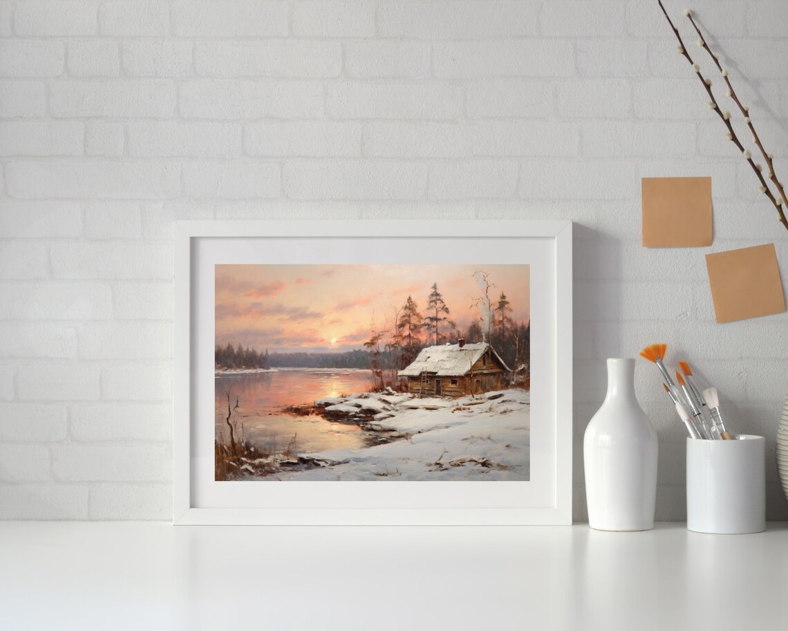 Oil Painting Cottage By The Lake Impressionistic Vintage Moody Winter Painting Lake Print Lake House Decor Print - Image 2