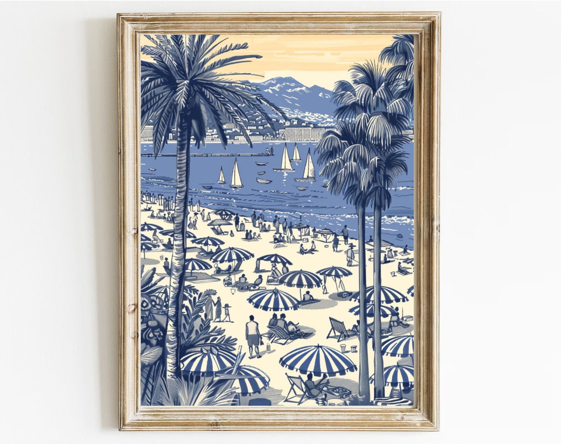 Blue Tone French Riviera Beach Palms Sailboats Coastal Scene Poster - Image 3