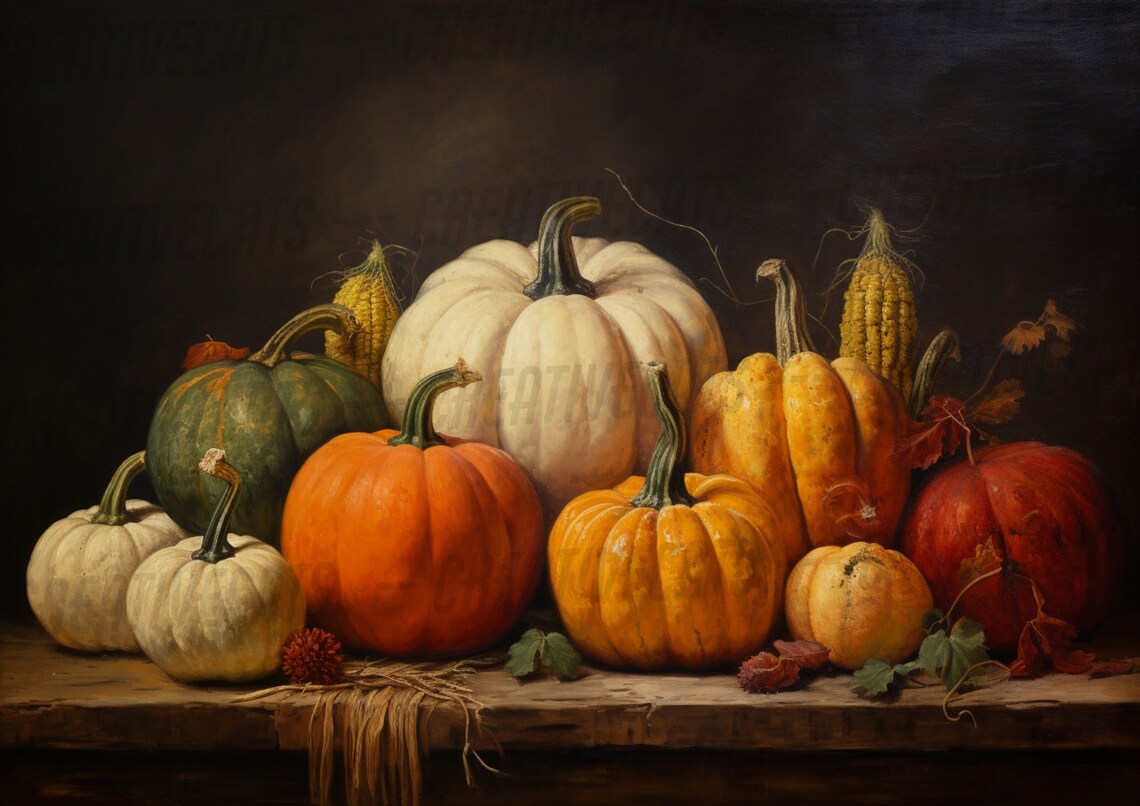 Vintage Pumpkin Still Life Autumn Harvest Rustic Oil Painting Poster - Image 2