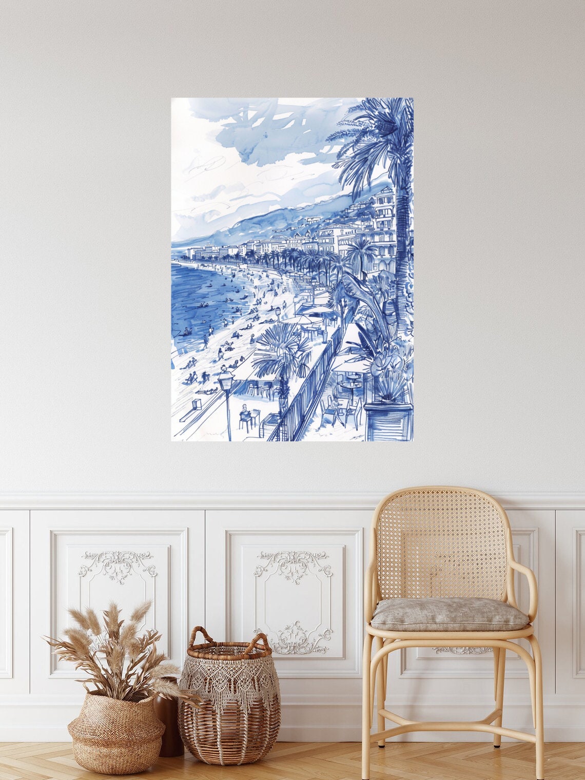 Blue Ink Seaside Promenade Palms Sketch Coastal Getaway Travel Poster - Image 3