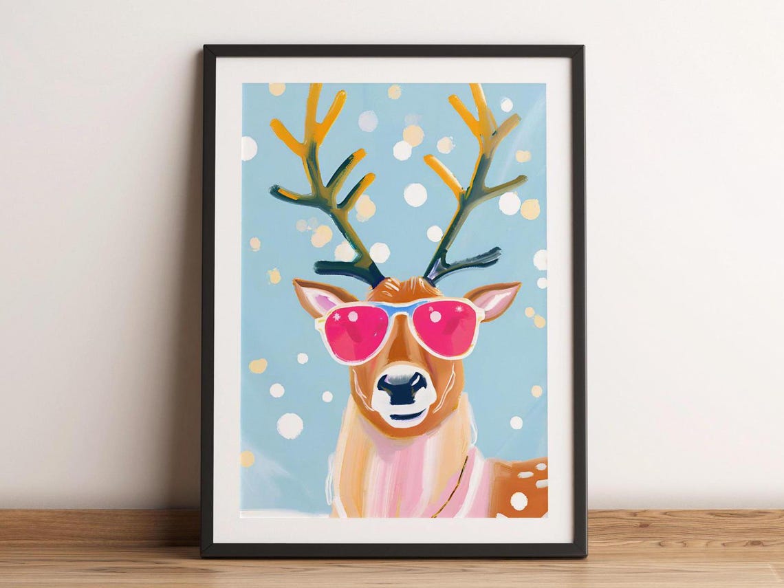 Retro Reindeer with Pink Sunglasses Christmas Fun Art Poster