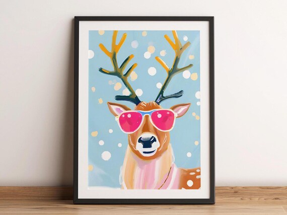 Retro Reindeer with Pink Sunglasses Christmas Fun Art Poster