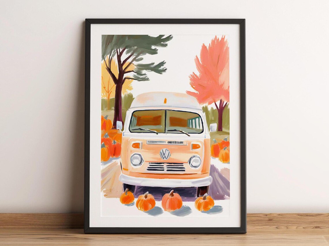 Vintage Orange VW Bus Pumpkin Patch Fall Autumn Harvest Art Print