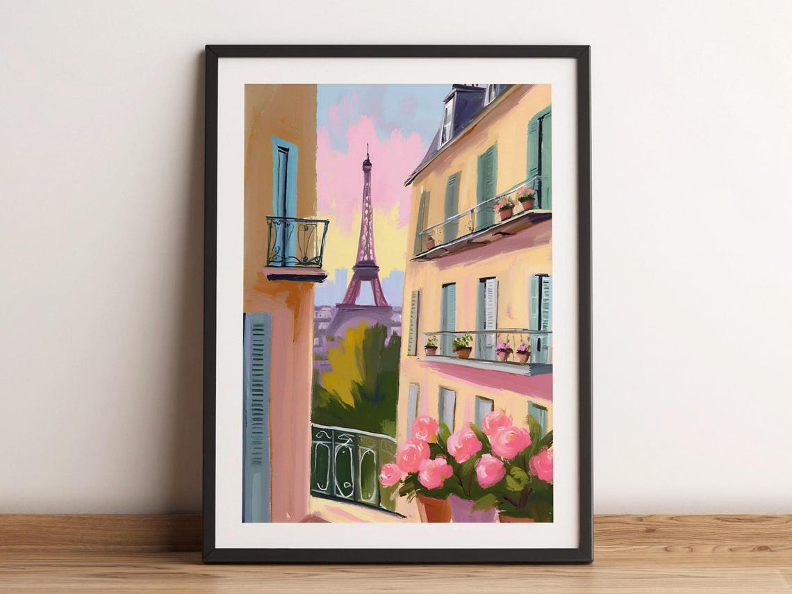Paris Eiffel Tower Street View Pink Flowers Art Print Wall Decor