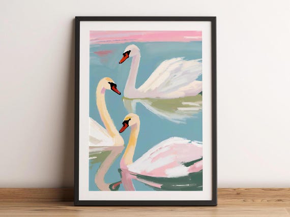 Soft Pastel Swan Print Swans Lake Wall Art Pink And Blue Painting Home Decor Cozy Girly Living Room Poster