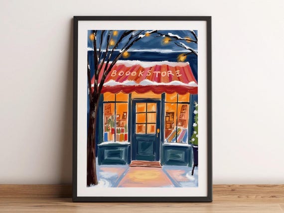 Snowy Christmas Bookstore Poster Cozy Bookshop Wall Art New Years Eve Holiday Vintage Winter Home Decor