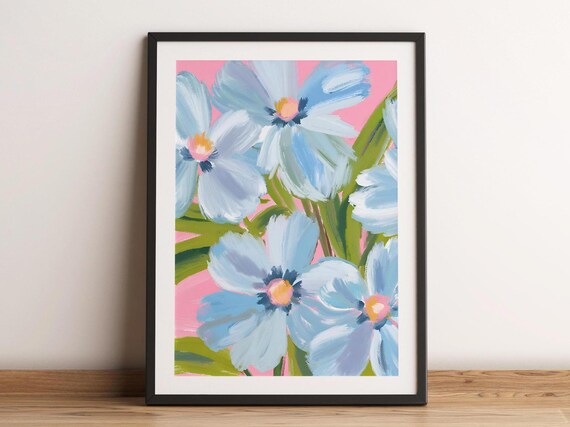 Soft Blue Flowers Floral Art Neutral Home Decor Botanical Wall Print Pastel Watercolor