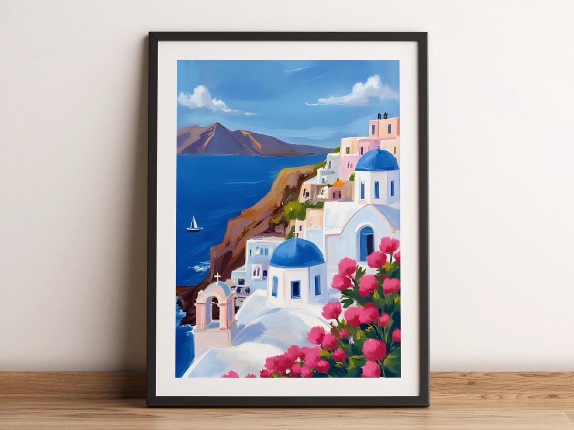 Santorini Greece Painting Blue Domes White Village Aegean Sea Travel Art Poster