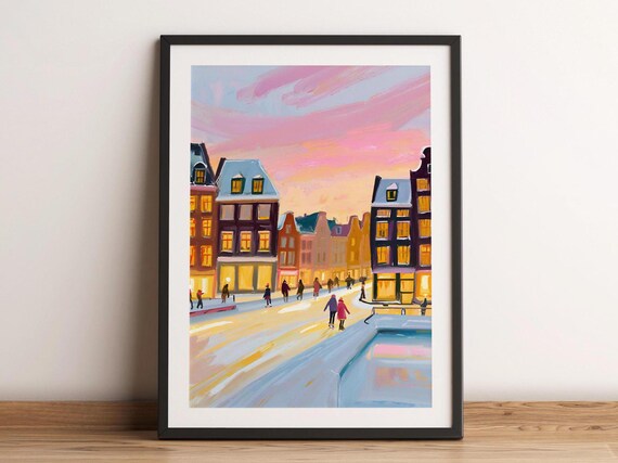 Winter In Amsterdam Painting Wall Art Netherlands Watercolor Travel Poster City Landmark Holland Cityscape Home Decor