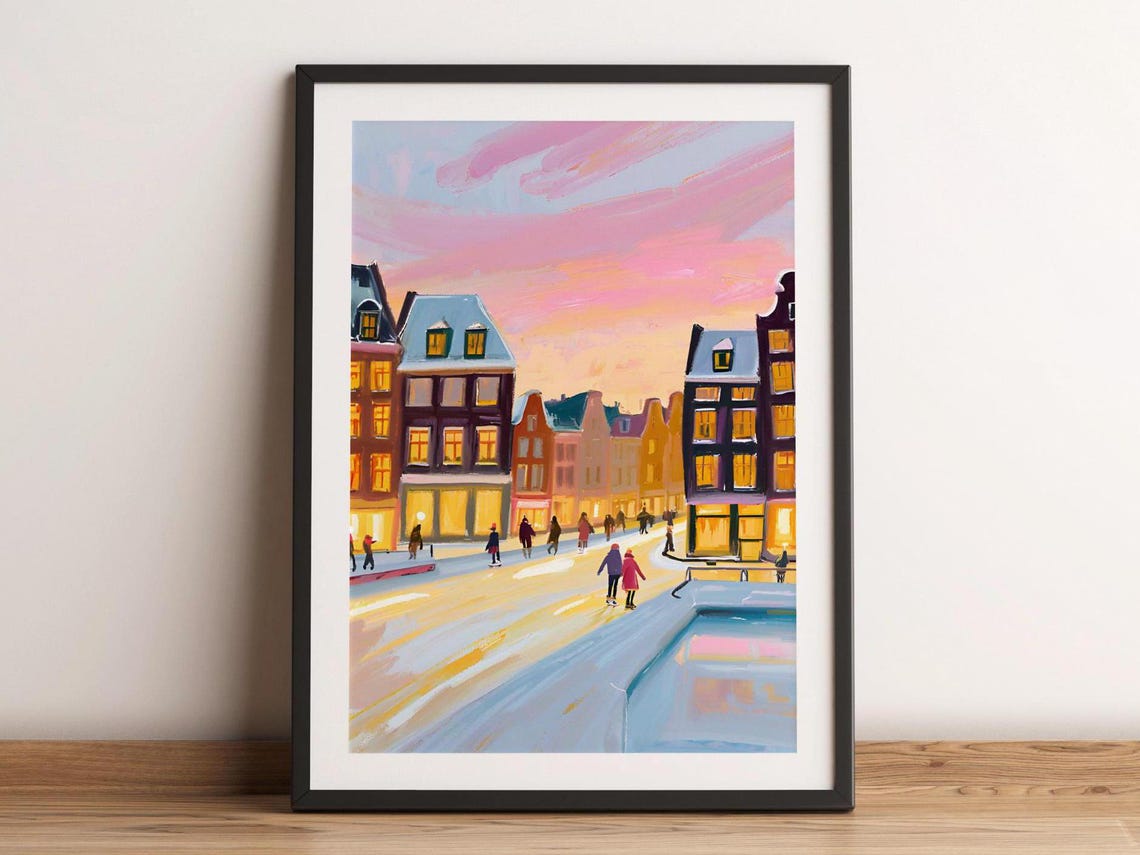 Winter In Amsterdam Canal Ice Skating Sunset Watercolor Poster