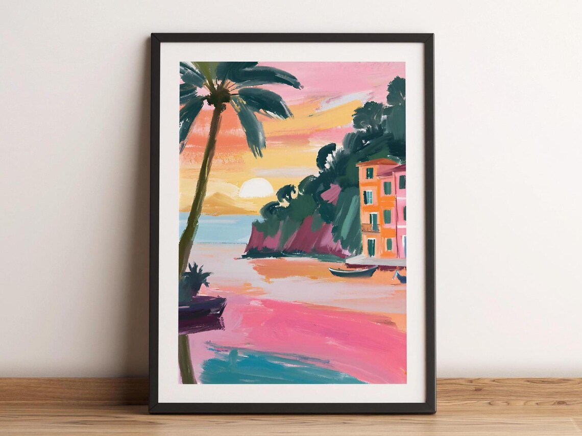 Portofino Italy Sunset Harbor Watercolor Palm Tree Coastal Travel Poster