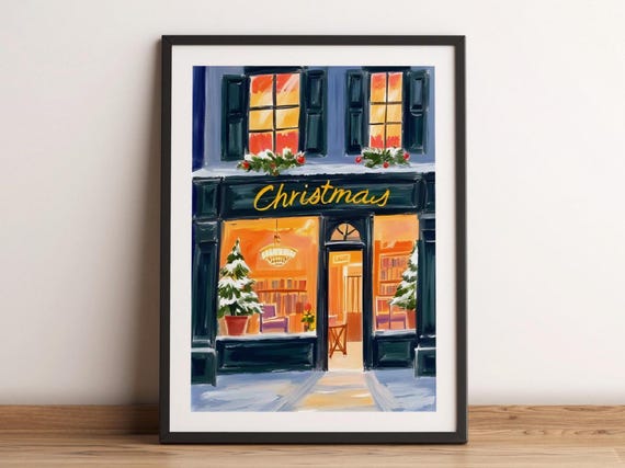 Cozy Christmas Bookstore Golden Sign Snowy Night Holiday Decor Poster