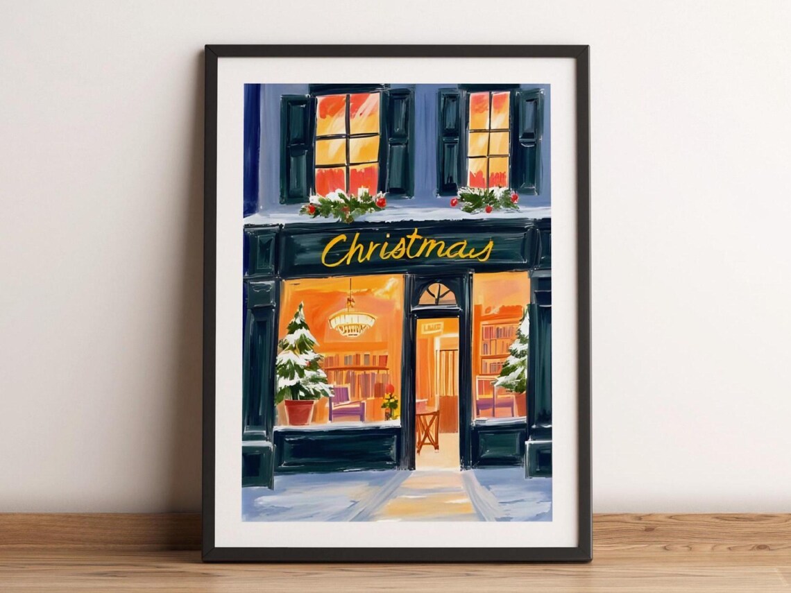 Cozy Christmas Bookstore Golden Sign Snowy Night Holiday Decor Poster