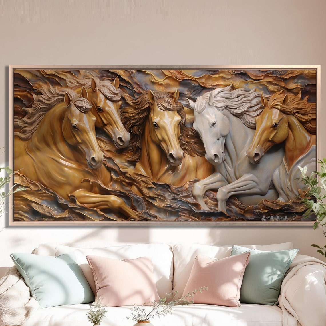Five Running Horses 3D Sculpted Golden Relief Equestrian Wall Art