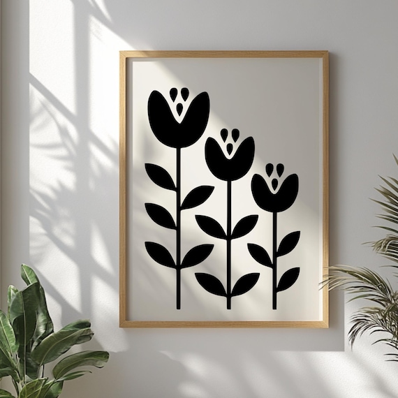 Black White Tulip Trio Minimalist Botanical Scandinavian Art Poster