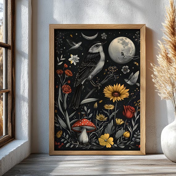 Bird Wall Art Print Mystical Moon Artwork Boho Night Forest Poster Celestial Mushroom Decor Witchy Nature Gothic Home