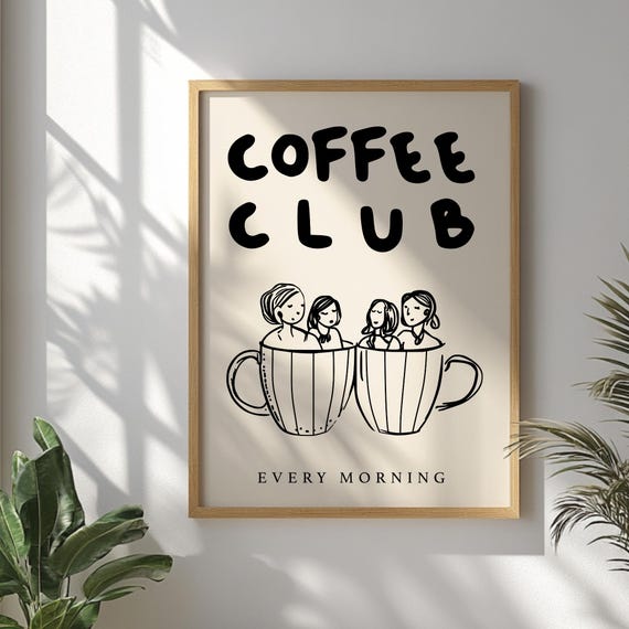 Coffee Club Hand Drawn Retro Kitchen Print Funny Illustration Trendy Decor Lover Wall Art Poster Gift