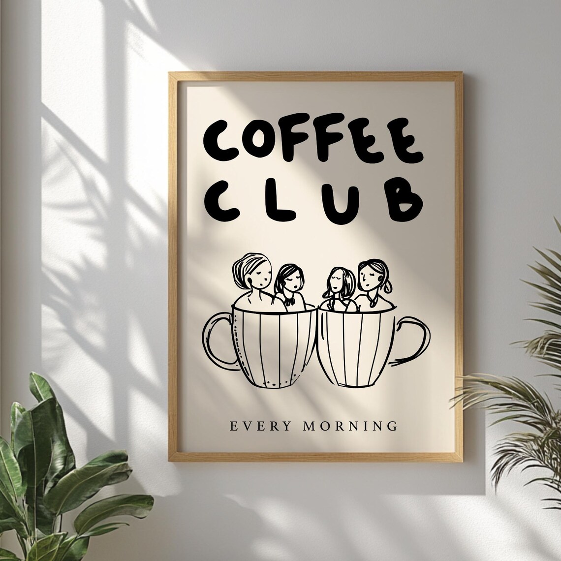 Coffee Club Every Morning Friends Quote Retro Kitchen Illustration Wall Art