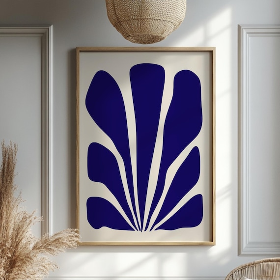 Abstract Cobalt Blue Blooming Fan Shapes Ivory Modern Art Poster