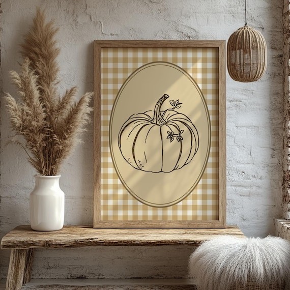 Vintage Pumpkin Wall Art Fall Gingham Kitchen Decor Rustic Autumn Print Farmhouse Thanksgiving Artwork Printed Country Style Poster