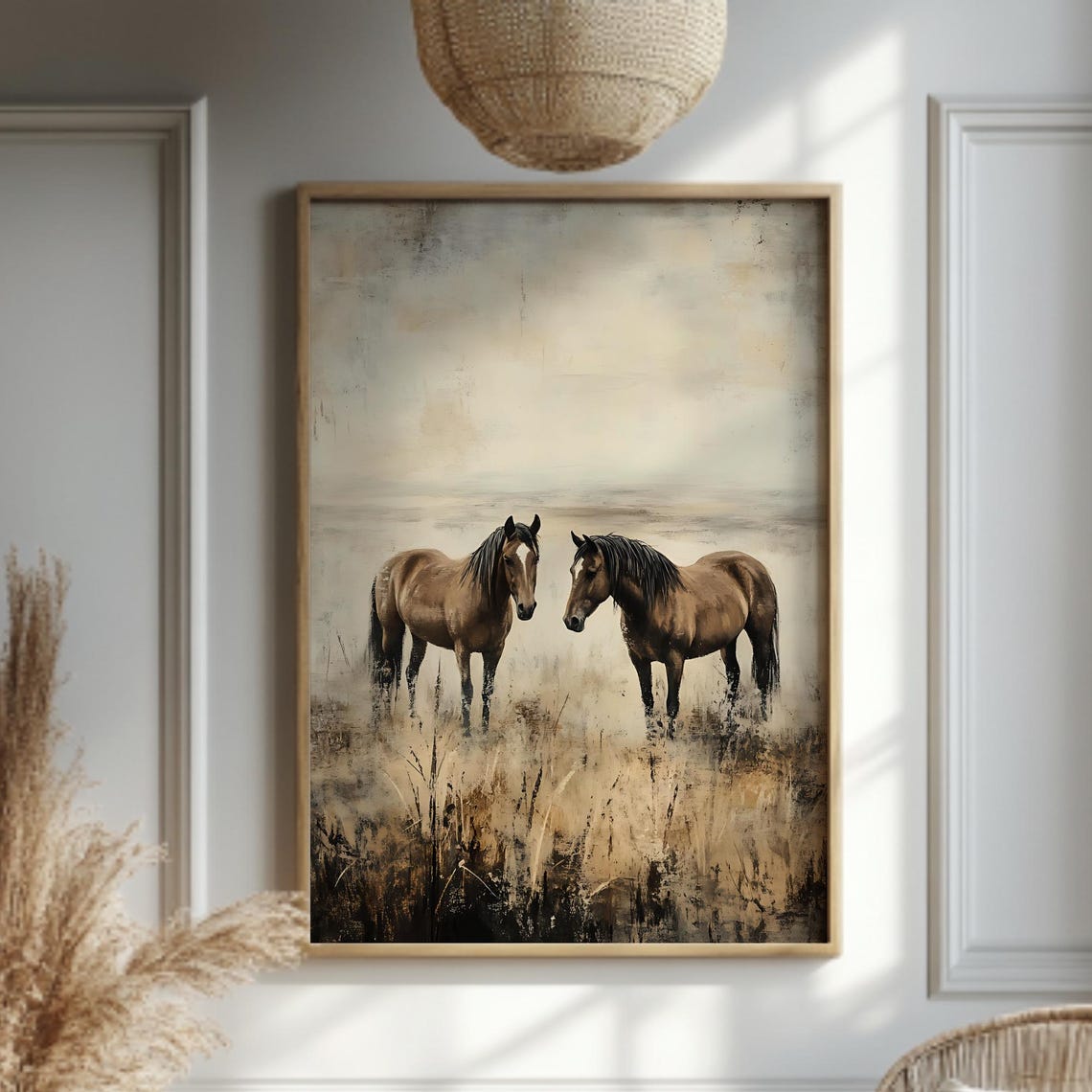Two Horses in a Misty Meadow Rustic Western Farmhouse Horse Poster
