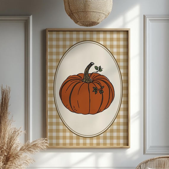 Rustic Pumpkin Wall Art Printed Gingham Fall Decor Brown Orange Autumn Kitchen Poster Farmhouse Thanksgiving Harvest Print For Living Room