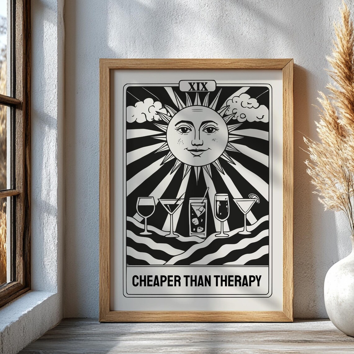 Cheaper Than Therapy Tarot Card Sun Cocktails Funny Monochrome Art Poster