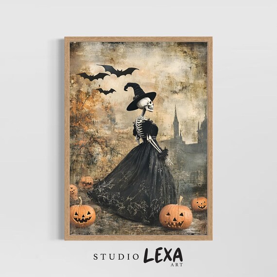 Witchy Skeleton Wall Art For Halloween Spooky Gothic Decor Haunted House Dark Witch Poster Creepy