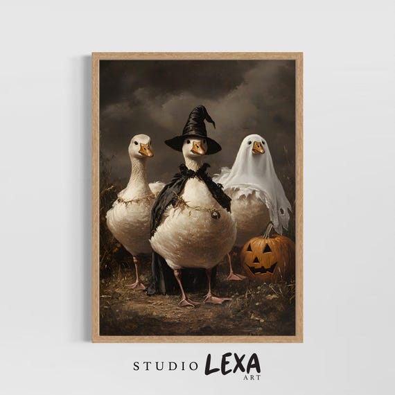 Silly Geese Halloween Wall Print Funny Fall Decor For Kitchen Or Entryway Cute Spooky Animal Poster Rustic Autumn Farmhouse Art