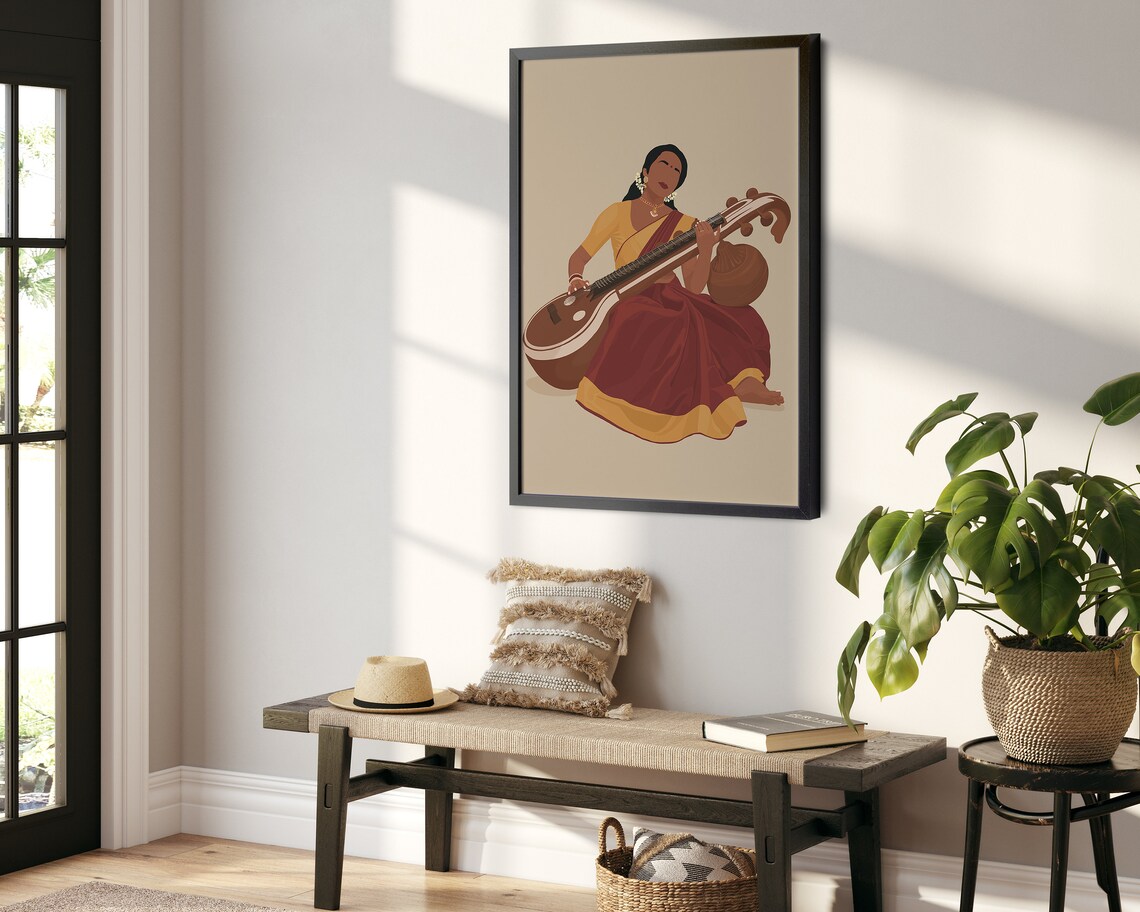Veena Art, Indian Woman Saraswati Musician Gift - Image 3
