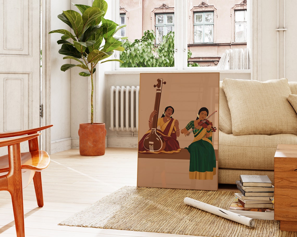 Indian Sisters Playing Violin And Tanpura Art Desi Art South Indian Art South Asian Musical Instrument Tamil Girl Gift For Musician - Image 4