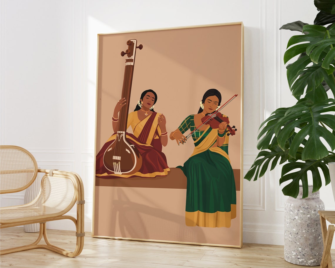 Indian Sisters Playing Violin And Tanpura Art Desi Art South Indian Art South Asian Musical Instrument Tamil Girl Gift For Musician - Image 2