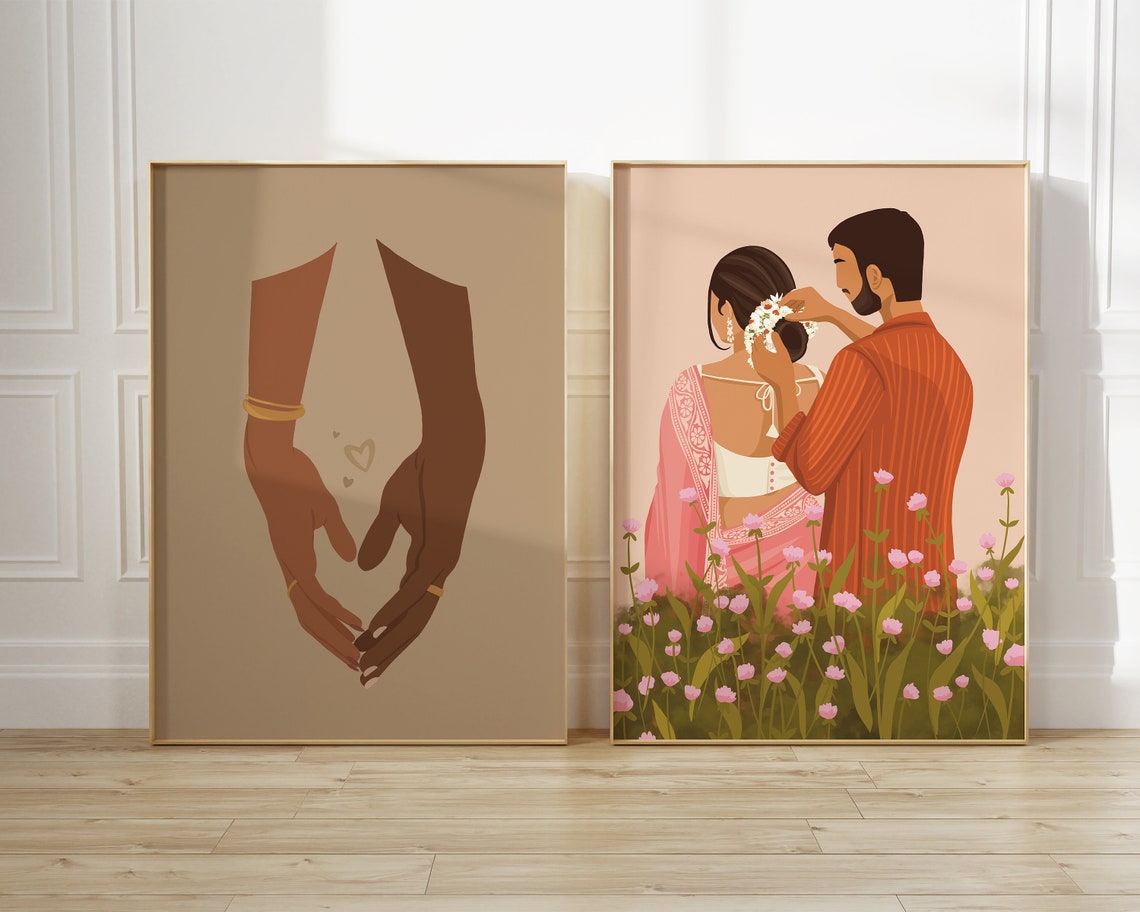 Indian Couple Art Indian Art Desi Art South Asian Art South Indian Art Desi Art Brown Couple Art Valentines Gift For Him For Her - Image 3