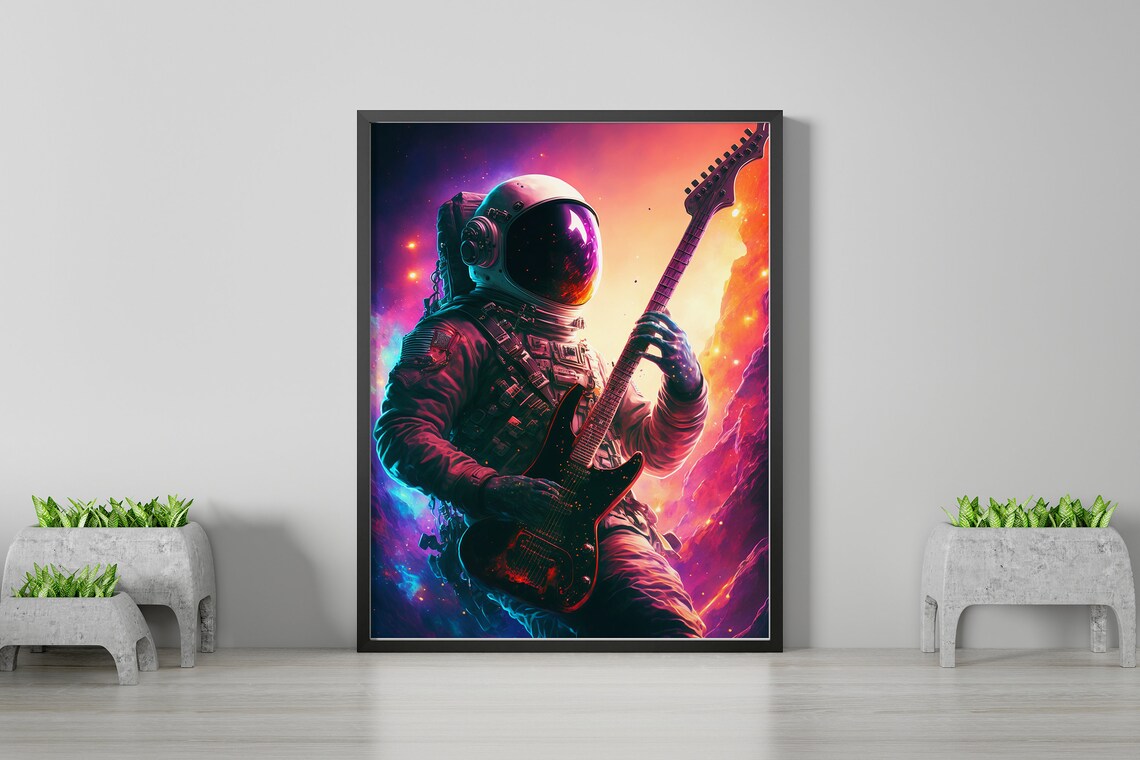 Star Astronaut Playing Electric Guitar Neon Cosmos Rock Poster - Image 2