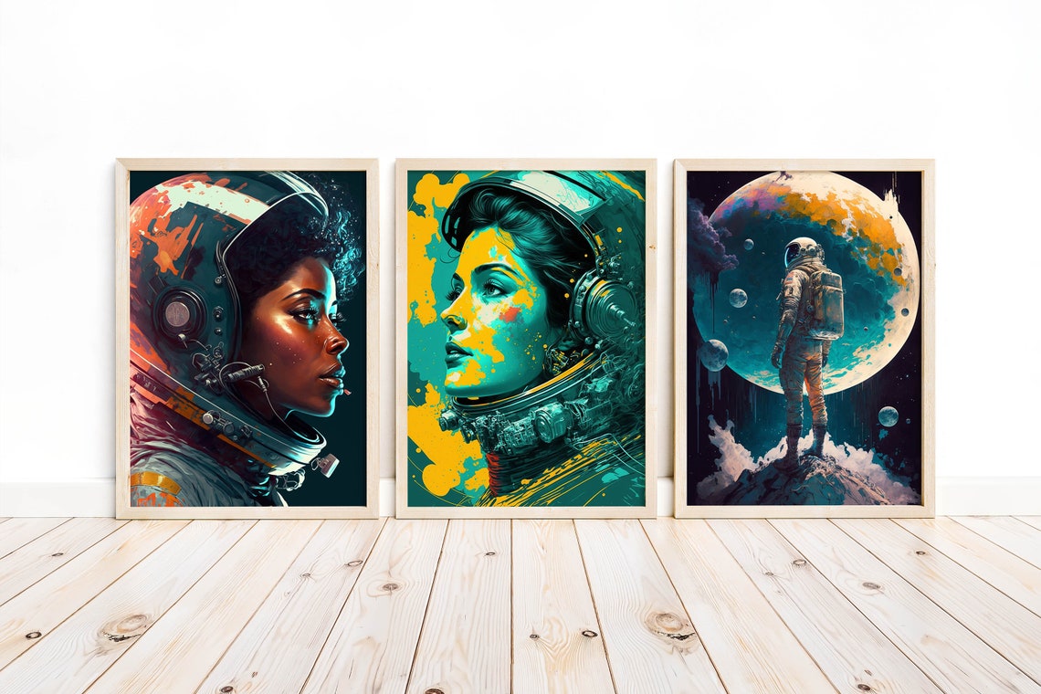 Space Female Astronaut Helmet Teal Yellow Pop Portrait Wall Art - Image 2