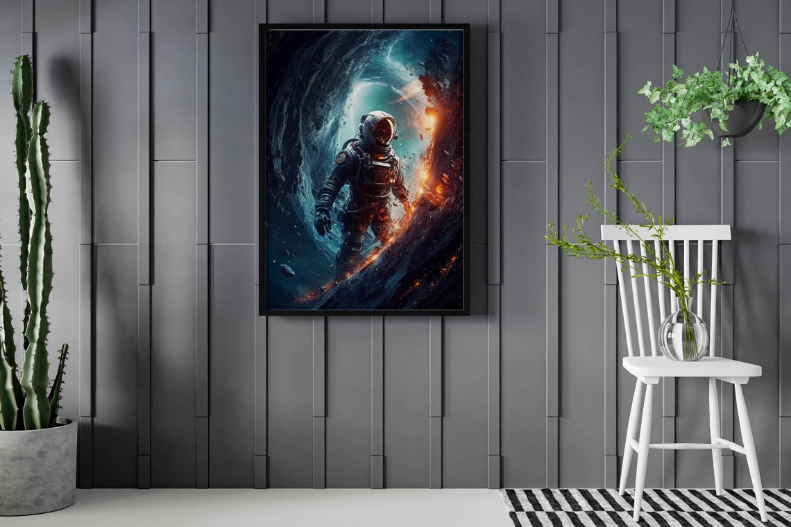 Astronaut in Cosmic Vortex Wormhole Blue Fire Space Swirl Poster - Image 2