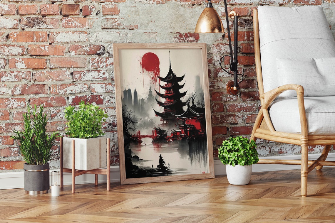 Japanese Red Sun Pagoda Poster Dramatic Ink Fisherman River Artwork - Image 2