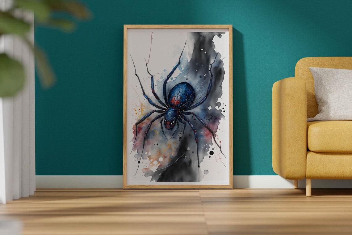 Watercolor Spider Poster Blue Black Widow Paint Splash Gothic Art - Image 2